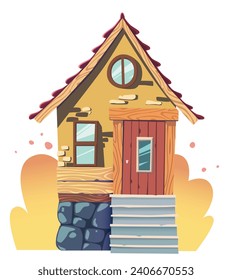 Stylized  rustic cottage farm house with tiled roof and brick wall. Cartoon cute house facade detailed vector illustration