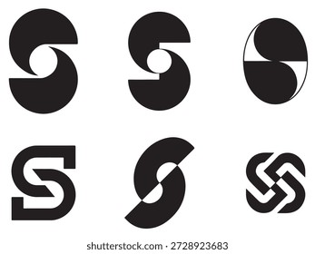 Conjunto Estilizado De Logotipos S - Grade Abstrata De Símbolos Pretos Com Formas De Letras Geométricas Curvas E Entrelaçadas