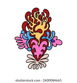 A stylized sacred heart with flames, surrounded by intricate floral motifs in bold colors. A mix of folk art, psychedelic, and Art Nouveau influences. Vector clip art isolated on a white background