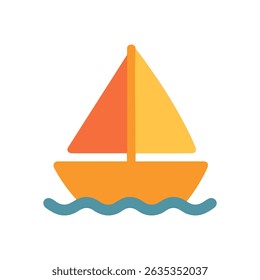 A stylized sailboat with orange hull blue waves and yellow and orange sails