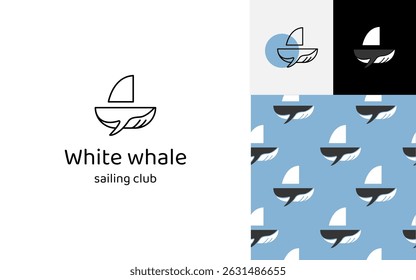 Stylized sailboat and whale tail logo with minimal line art, matching icons and seamless ocean-themed pattern for branding or design.
