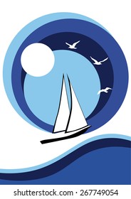 Stylized sailing boat on background of the sea, the sky, the sun and flying birds isolated over white.