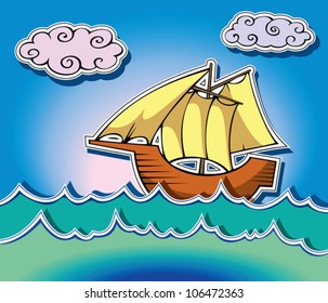 Stylized sailing ship in oceanic waves, vector illustration