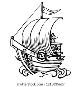 Stylized sailing wooden. Old caravel, vintage sailboat. Hand drawn sketch.