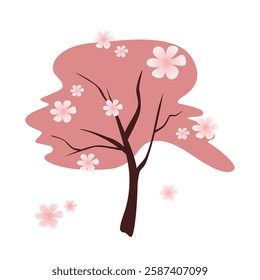 Stylized sakura tree in flat style with delicate flowers isolated white background. Vector element in pink and brown colors. Minimalistic romantic spring cherry tree pattern