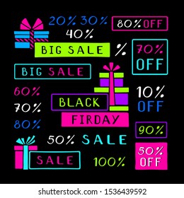 Stylized sale stickers of Big Sale, Black Friday and Boxing Day on a black background. Pop art hand-drawn set. Vector illustration.