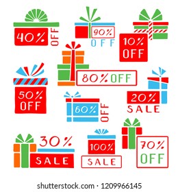Stylized sale stickers and tags. Pop art hand-drawn set. Vector illustration.