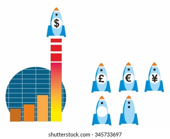 Stylized sales graph and rocket with currency variants for dollar, pound, euro and yen.