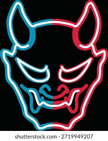 Demonio samurái estilizado máscara de Oni ilustrada en arte de línea de neón brillante sobre un fondo oscuro. Diseño futurista inspirado en el cyberpunk perfecto para juegos, ropa de calle, carteles y vanguardistas obras de arte digitales.