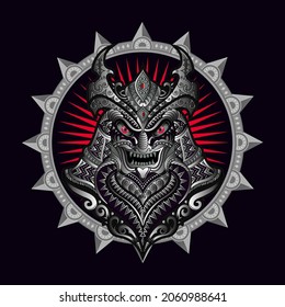 Stylized samurai in ethnic vector with circular frame