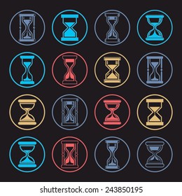 Stylized sand-glass illustrations. Set of antique classic hourglasses, clocks collection. Time idea icons isolated.