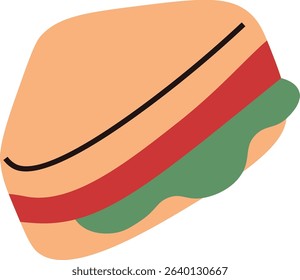 A stylized sandwich with lettuce and tomato in a flat style. The sandwich features bold lines and simple shapes creating a modern look. Cartoon vector illustration.