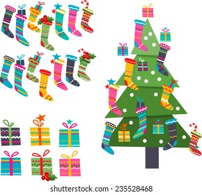 Stylized Santa socks, gifts and Christmas tree on white background