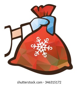 Stylized Santa's hand with red bag isolated on a white background.