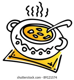 Stylized saucepan with soup isolated on a white background.