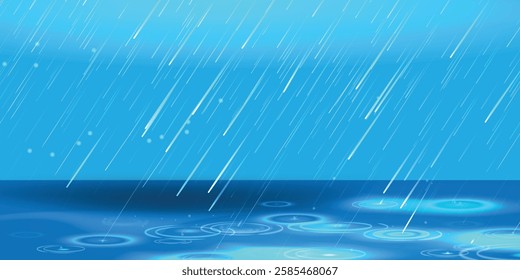 Stylized scene of heavy rain falling over a body of water, with diagonal streaks and circular ripples creating movement and intensity. Dominated by cool blue tones, perfect for weather-themed designs,