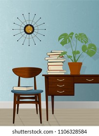 Stylized scene of retro home office with chair and desk and a stack of books; Furniture inspired by mid-century modern design. Flat vector with texture, shadow and detail.