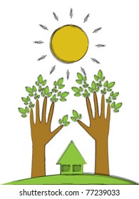 Stylized scenery with a small house under the sun and trees