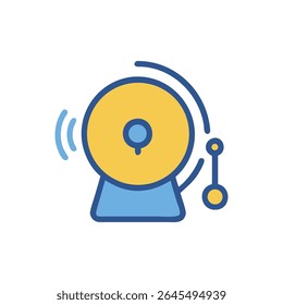 Stylized school bell illustration with yellow and blue color scheme. Retro flat design with thick outlines over black backdrop.
