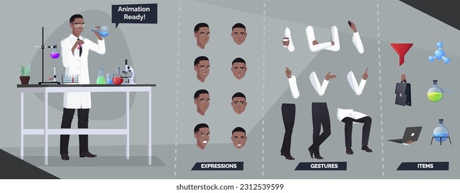 Stylized Scientist, Chemist Character Creation Kit with Facial Expressions, Poses and Some Lab Instruments