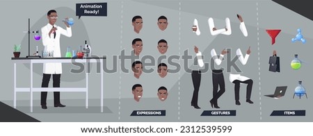 Stylized Scientist, Chemist Character Creation Kit with Facial Expressions, Poses and Some Lab Instruments
