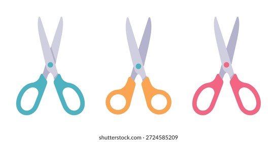 Stylized scissors with pastel colored handles in teal orange and pink tool cutting