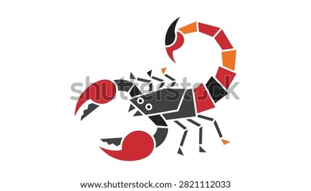 Stylized scorpion illustration with a modern geometric design in black, orange, and red tones isolated on a plain white background.