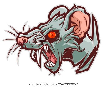 Stylized screaming rat head vectorized ink drawing. 