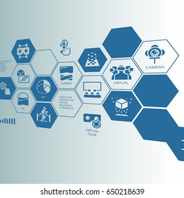 Stylized screen with cells with logos symbolizing virtual reality and virtual tour. Technology, device, gadget, digital, cyber concept. Vector illustration