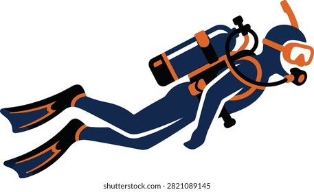 Stylized scuba diver icon swimming underwater with fins and mask equipment illustration