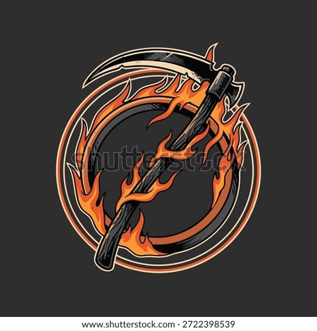 A stylized scythe engulfed in flames, set within a circular fiery border, symbolizing power and destruction.