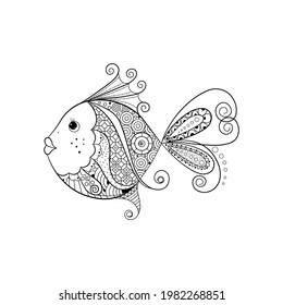 Stylized sea fish on a white background. Decorative element with a black and white pattern. Anti-stress coloring book for children and adults.