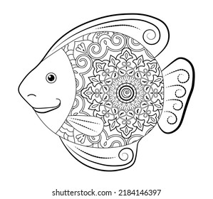Stylized sea fish on a white background. Decorative element with a black and white pattern. Anti-stress coloring book for children and adults.