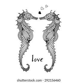 Stylized sea horses in Love on simple white background