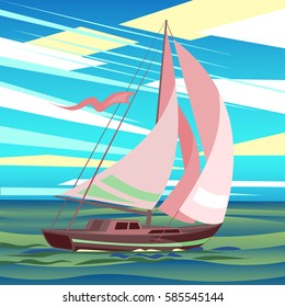 Stylized sea landscape with sailboat floating on the waves. Yacht, sea, clouds. vector illustration.