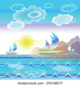Stylized sea landscape with sailboats on waves on background of mountains and blue sky with clouds