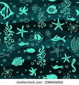 Stylized sea pattern with cute cartoon fishes. Seamless vector pattern.