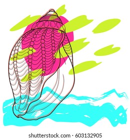 Stylized sea Seashell, abstract modern art. Hand Drawn aquatic doodle vector illustration.