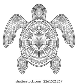 Stylized sea turtle close up. Hand drawn sketch black contour vector illustration. For adult antistress coloring page, print, design, decor, T-shirt, emblem, logo or tattoo ornate design elements.