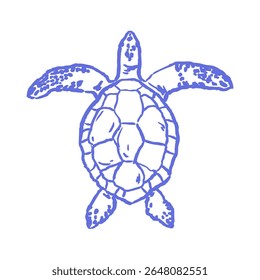 Stylized sea turtle illustration in hand-drawn blue pastel style for educational projects, beach-themed merch, whimsical ocean decor. Vector for stickers, eco posters, or kids books.	