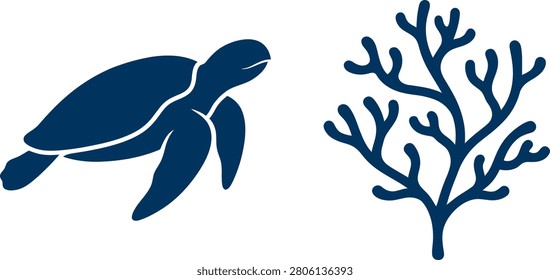 Stylized sea turtle swimming alongside coral in a serene underwater environment