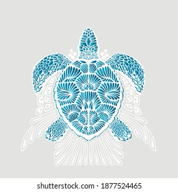 Stylized Sea Turtle vector cartoon. Sketch for tattoo, fashion fabric, greeting card. Decorative illustration
