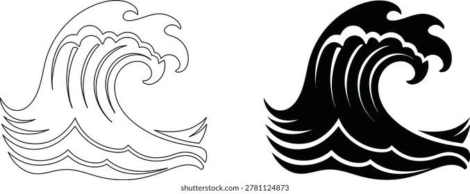 Stylized sea wave illustrations with foam crests in outline and solid black silhouette for water sports themes.