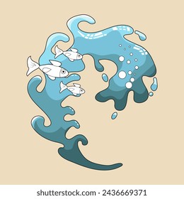 Stylized sea wave with three fish inside. Cartoon style. Vector illustration svg