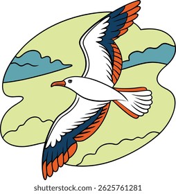 Stylized Seagull Flying Above Land In An Oval Border Illustration