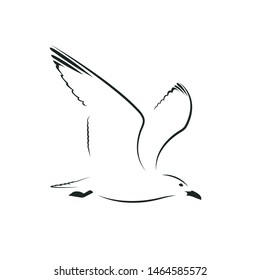 Stylized seagull flying isolated on white background. Monochrome seagull template for printing, logo, tattoo, sports and travel design. Vector flat black and white icon. 