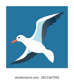 Stylized seagull flying with wings spread wide against a solid blue square background