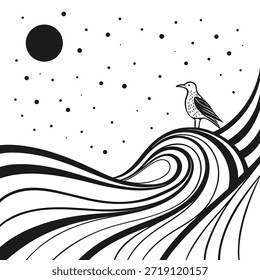 Stylized Seagull Perched on a Wave Under a Full Moon and Starry Sky bird ocean
