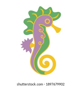 Stylized seahorse . Green, yellow, purple colors. Hand-drawn vector. Marine fauna, exotic fish, aquarium. Cartoon fish, design element. For children's illustrations, prints on fabric, web banners.