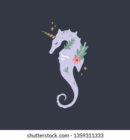 Stylized seahorse unicorn. Silhouette, graphic illustration of sea life. Summer holidays theme, nursery print. Good for party decor. Vintage style